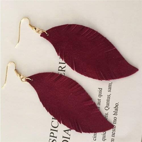 Trendy Pink Black Burgundy Color Fake Flexible Leather Leaf Shape Drop Earrings FoR Women Girl