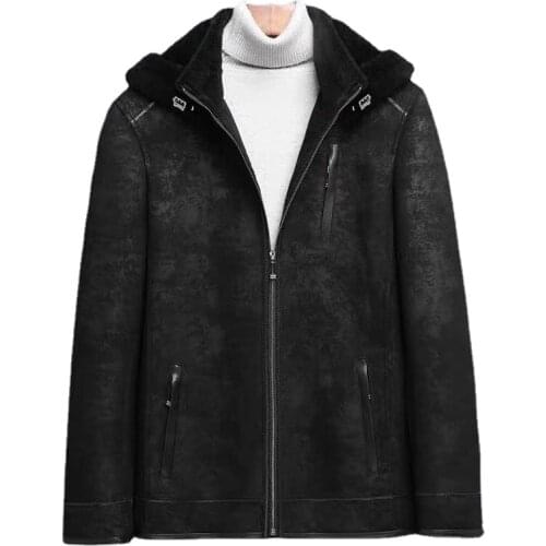 Mens Winter Fur Coat Sheepskin Genuine Leather Jacket Men Hooded Thick Sheep Shearling Overcoat