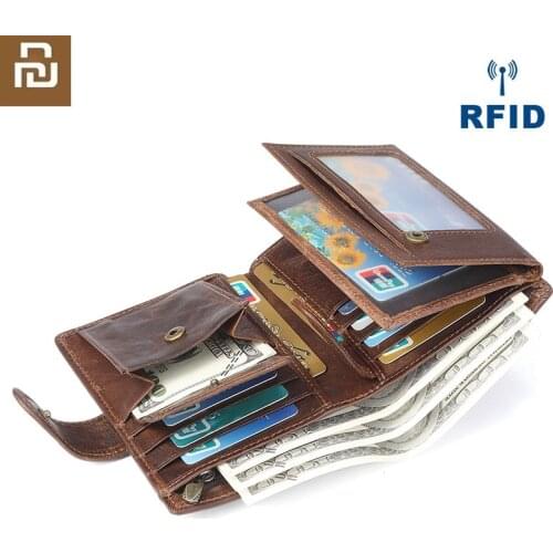 Xiaomi Mens Cowhide Wallet RFID Multi-card Retro Genuine Leather Wallet Large Capacity Clutch Coin Purse Card Holder Photo Bag