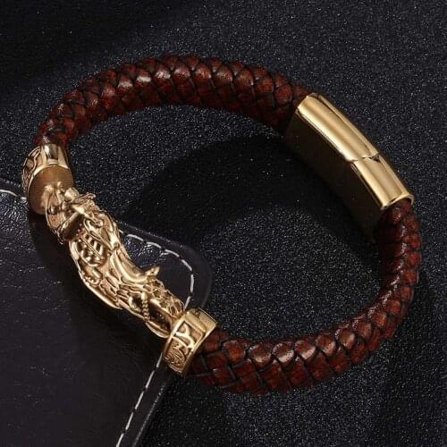 Punk Jewelry Men Golden Stainless Steel Motorcycle Brown Braided Leather Bracelet Magnet Buckle Male Wristband Party Gift SP0753