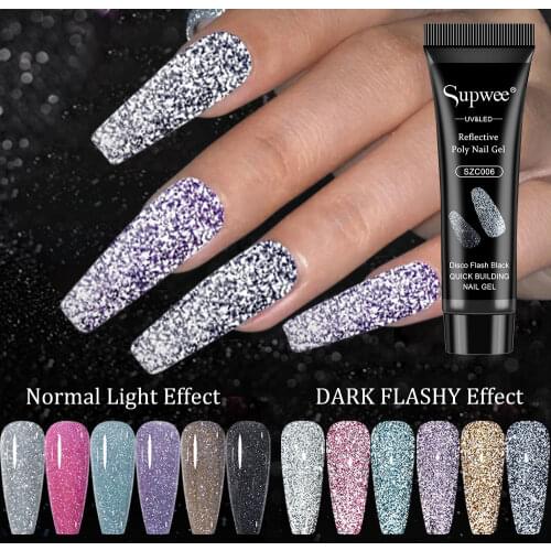 SUPWEE 15G Glitter Poly Nail Gel UV Extension Nail Gel Polish Semi Permanent Soak Off Reflecetive Shiny Builder Gel For Nail Art