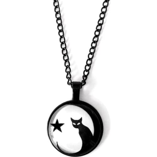 Black Cat Necklace with Full Moon and Star, Gothic Witch Glass Cameo Pendant, Cat Lover Gift, Wicca Pagan , Halloween Jewelry