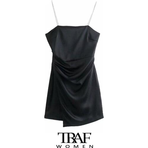 TRAF Za Women Fashion With Rhinestone Draped Strappy Mini Dress Vintage Backless Zipper Thin Straps Female Dresses Mujer