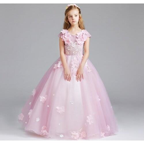 Flower Girl Dresses Princess Appliques Ball Gown Floor-Length Tulle Lace O-Neck Luxury Short Embroidery Kids Party Skirt H106