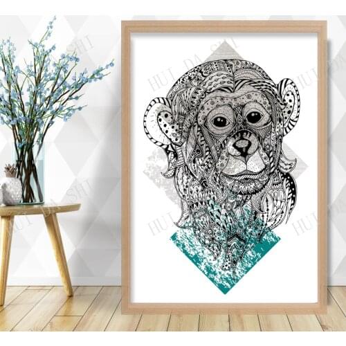 Tribal Geometric MONKEY Head Side Art Print Yellow Grey Aztec Gallery Wall Poster Decor Gift