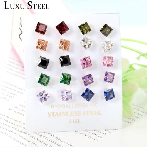 LUXUSTEEL Stainless Steel Small Earrings For Women Baby Brinco 2020 New Colorful Squre Cubic Zirconia Wholesale Earring Sets