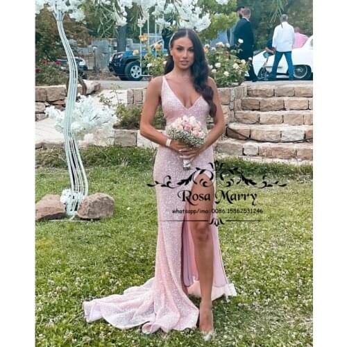 Pink Sequined Mermaid Wedding Guest Party Dresses for Bridesmaid Customize Sexy V Neck High Split Maid Of Honors Wear Prom Gowns