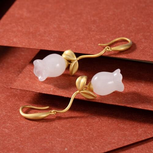 Natural Hetian Jade Linglan Earrings Sterling Silver Gilding Graceful Long Earrings Vintage Fairy Flower Earrings New