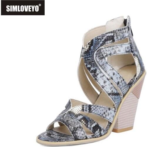 SIMLOVEYO 2021 Sexy Sandals Cross Wrap Snake Print Open Toe Zip 10cm Strange Chunky Cover Heel US17 Black Pink Blue Brown A4335