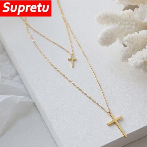 Supretu Minimalism Double Layered Necklace Titanium Steel Christian Religious Cross Pendant Chokers Women Wedding Party Jewelry