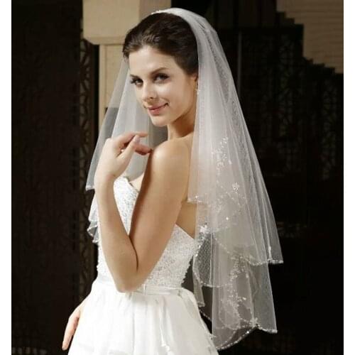 Veu De Noiva Elegant New Arrival 2020 Fingertip Two-tier Wedding Veil Bead Bridal Accessories Vail Velos De Novia