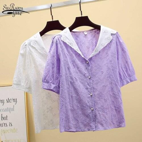 Korean Fashion Clothing Solid Hollow Out White Shirt Women Office Lady Chiffon Blouse Elegant Summer V-neck Ladies Tops 9879