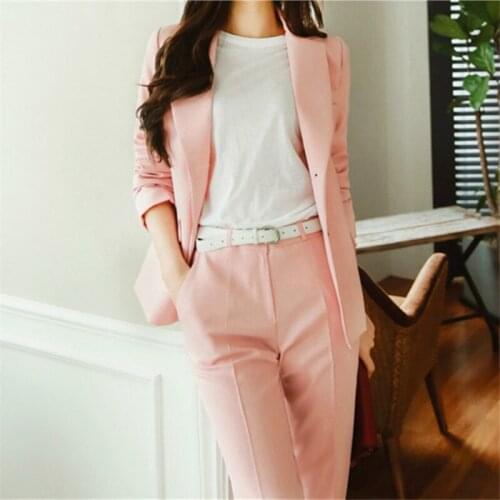 2piece set women pants set female fashion single-breasted two-piece temperament commuter slim Slim pink professional ladies suit