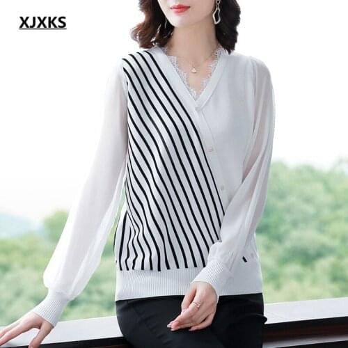 XJXKS Fashion V-neck women spring autumn sweaters 2021 spring autumn new wool knitted thin sweater women stitching pullover