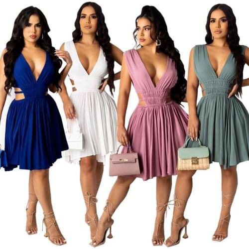 Echoine Summer Sleeveless V-neck Solid Pink Blue Chiffon Mini Dress Sexy Hollow Out Beach Dresses Pleated Party Robe Vintage