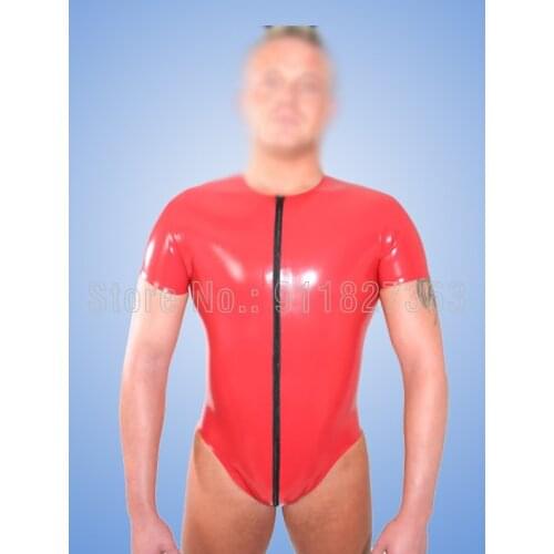 100% Latex Rubber Tight Bodysuit Mens Latex Leotard Swmming Suit With Front Crotch Zip Short Sleeves
