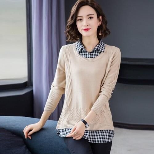 2021 fake two-piece spring and autumn fashion new splicing pullover blouse womens shirt collar long-sleeved sweater all-match