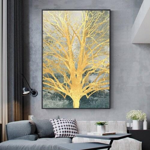 Abstract Golden Tree Branch Canvas Painting Foggy Forest Landscape Wall Art Poster Print Modern Aisle Living Room Home Decor