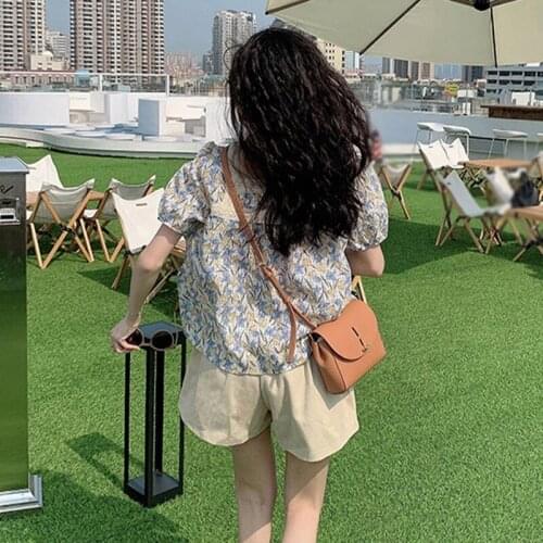 Sleeves Chiffon Blouses Korean Style Female Summer Lace Patchwork Sweet Short Square Collar Shirt Sweet Pleated Floral Print