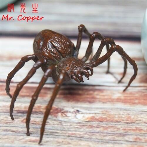 Solid Pure Copper Spider Statue Tea Pet Ornament Vintage Simulation Animal Figurines Miniatures Potted Landscape Home Decoration