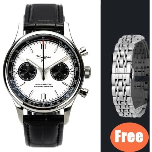 Seakoss Pilot Chronograph Mechanical Mens Watch 1963 Seagull Movement Swan-Neck Metal Steel Men Watches Luminous Leather Clock