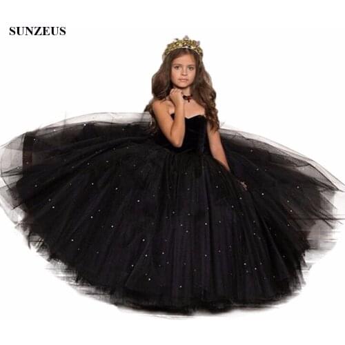 Long Black Girls Party Dress Ball Gown Sweetheart Sequined Tulle Flower Girl Dress Kids Evening Prom Dress FLG057