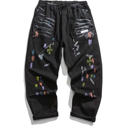New Fashion Graffiti Black Jeans Men Casual Japan Style Denim Pants Straight Trousers Loose Baggy Elastic Streetwear Jeans