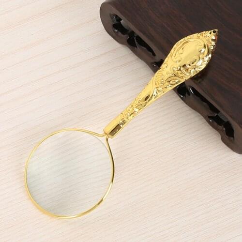 European Style 5x 45mm Gold Carved Magnifying Glass Lens Embossed Handheld Magnifier for Reading Inspection Jewelry Loupe