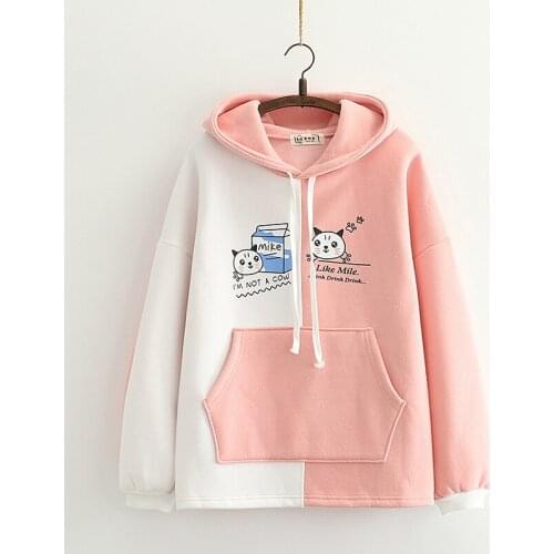 Fleece Hooded Sweatshirts For Teen Girls Cartoon Print Patchwork Hoodies 2021 Winter Women Thick Loose Cute Women Tracksuits