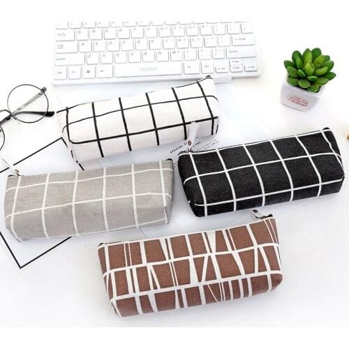 Canvas Geometric Pencil Case School Simple Striped Grid Solid Color Cute Kawaii Pencil Bag Pouch Office Students Kids Supplies