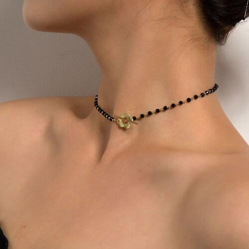 Fashion Luxury Black Crystal Glass Bead Chain Choker Necklace for Women Flower Lariat Lock Collar Necklace Jewelry Party Charm
