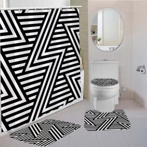 Modern Style Geometric Pattern Shower Curtain Sets Non-Slip Rugs Toilet Lid Cover Bath Mat Waterproof Shower Curtain with Hooks