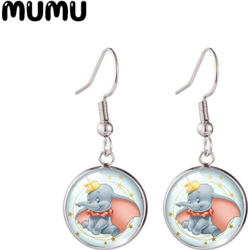 2021 New Dumbo Fish Hook Earring Little Elephant Photo Round Jewelry Glass Dome Earrings Gifts Girl