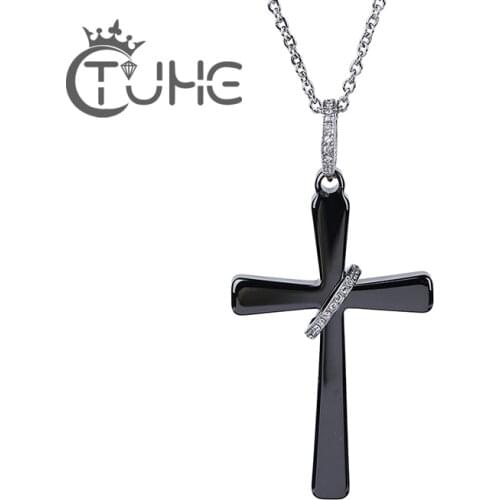 New Arrival Black Cross Pendant Necklace For Women Men Healthy Smooth Ceramic With Shining Rhinestone Fashion Unisex Jewelry