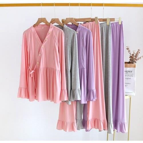 Long-sleeved Trousers Suit Spring Summer and Autumn Modal Confinement Clothing Soft Large Size Nursing Pajamas Thin Brief Sets