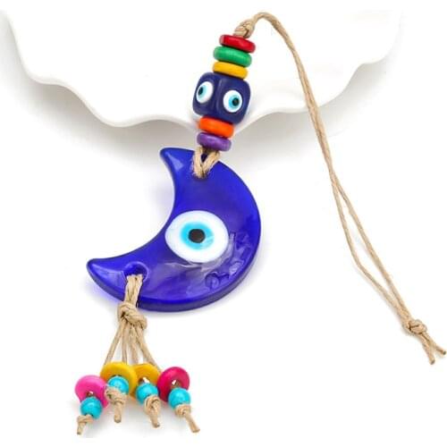 Blue Glass Evil Eye Keychain Charm Moon Pendant Car Keyring Tassel Key Chain Holder Handmade Rope Wall Hanging Jewelry Women Men