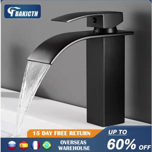 Bakicth Waterfall Basin Sink Faucet Black Faucets Brass Bath Faucet Hot&Cold Water Mixer Vanity Tap Deck Mounted Washbasin Taps
