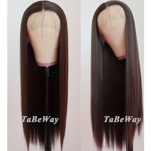 TaBeWay Brown Straight Lace Front Wigs Heat Resistant Glueless Natural Long Straight Synthetic Lace Front Wigs for Fashion Women