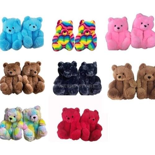 2021 Plush Bear House Slippers Brown Women Home Indoor Soft Anti-slip Faux Fur Cute Fluffy Home Slippers Women Winter Teddy Shoe