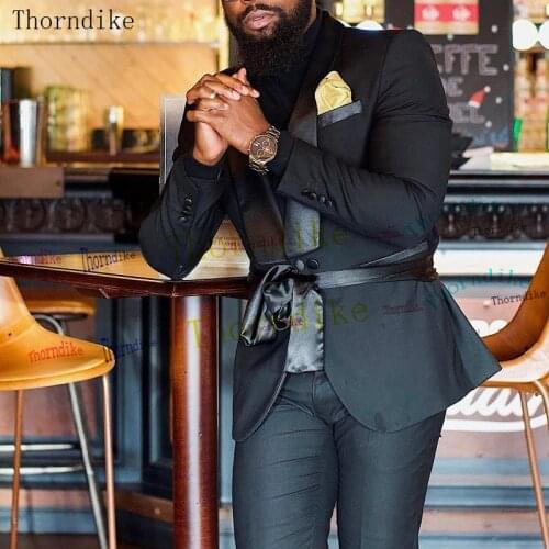 Thorndike Black 2 Pieces Classic Notched lapel Blazers Suit Sets Men Business Blazer +Pants Suits Men Wedding Party Set