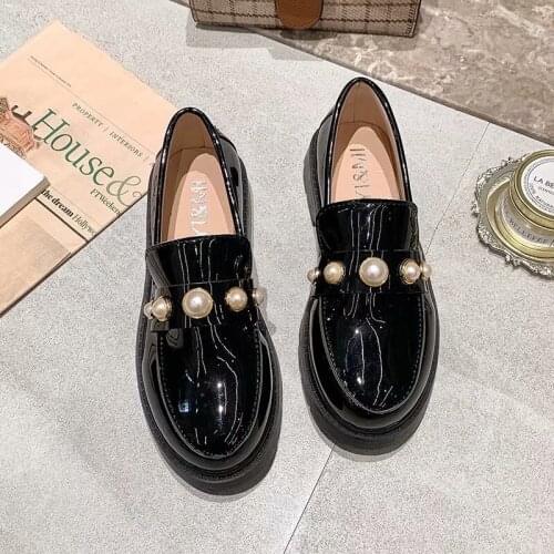Black Oxford Shoes Women Lady Pearl Slip on Leather Shoes Female Loafers 2021 Spring Fashion Women Plaform Oxford Shoes Flats