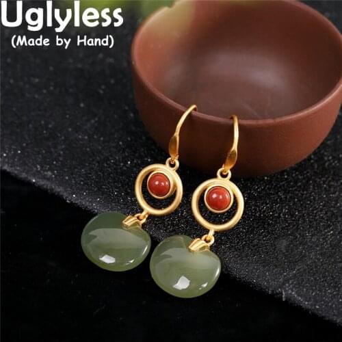 Uglyless China Chic RUYI=Good Luck Natural Jade Earrings for Women Retro Ethnic Dress Jewelry Gold 925 Silver Agate Eyes Brincos