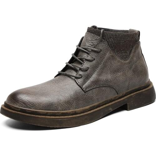 Outdoor Men Boots Fashion Split Leather Ankle Shoes Classic Sock Shoes Man Fur Lace-Up Autumn Footwear Brand Motorcycle Boots