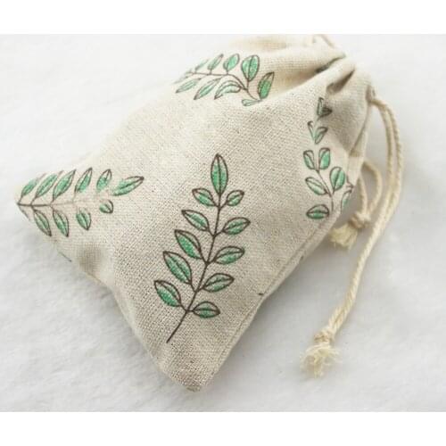 10x14cm Green Leaves Vintage Cotton Burlap Jute Favour Candy Gift Bags Wedding Party Pouches