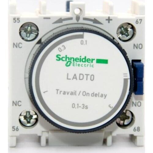 LADT0 Time delay auxiliary contact block, TeSys D, 1NO + 1NC, on delay 0.3-3 s, front mounting, screw terminals
