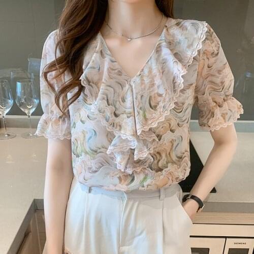 Summer Floral Print Women Blouse Chiffon Blouses V-neck Ruffle Short sleeve Casual Shirt Office Work Shirts Blusas Feminina Top