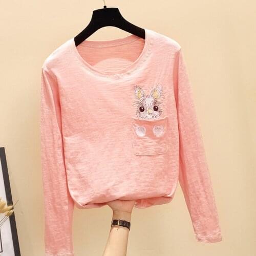 Long Sleeve T Shirt Women 2020 Spring and Autumn New Loose-Fit Long-sleeved T-shirt Slub Cotton Rabbit Embroidered Shirt Tee Top