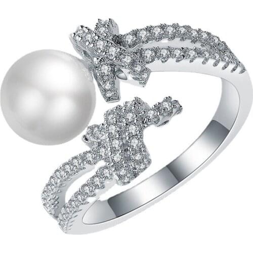 High Quality AAA Cubic Zirconia Gold Plated Rings Jewelry For Women Wholesale Fashion Simple Adjustable Ring With Fake Pearl