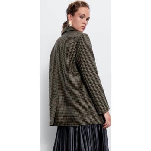 Women Woolen Coat Autumn Winter Brand Loose Plaid Medium Long Casual Blazer Streetwear Single Button Lapel Suit Jacket Female