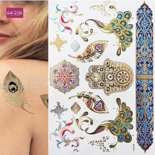 New Design 1PC Temporary Flash Metallic Tattoo Gold Silver Colorful Peacock Feather Palm Bohemian Tattoo Sticker